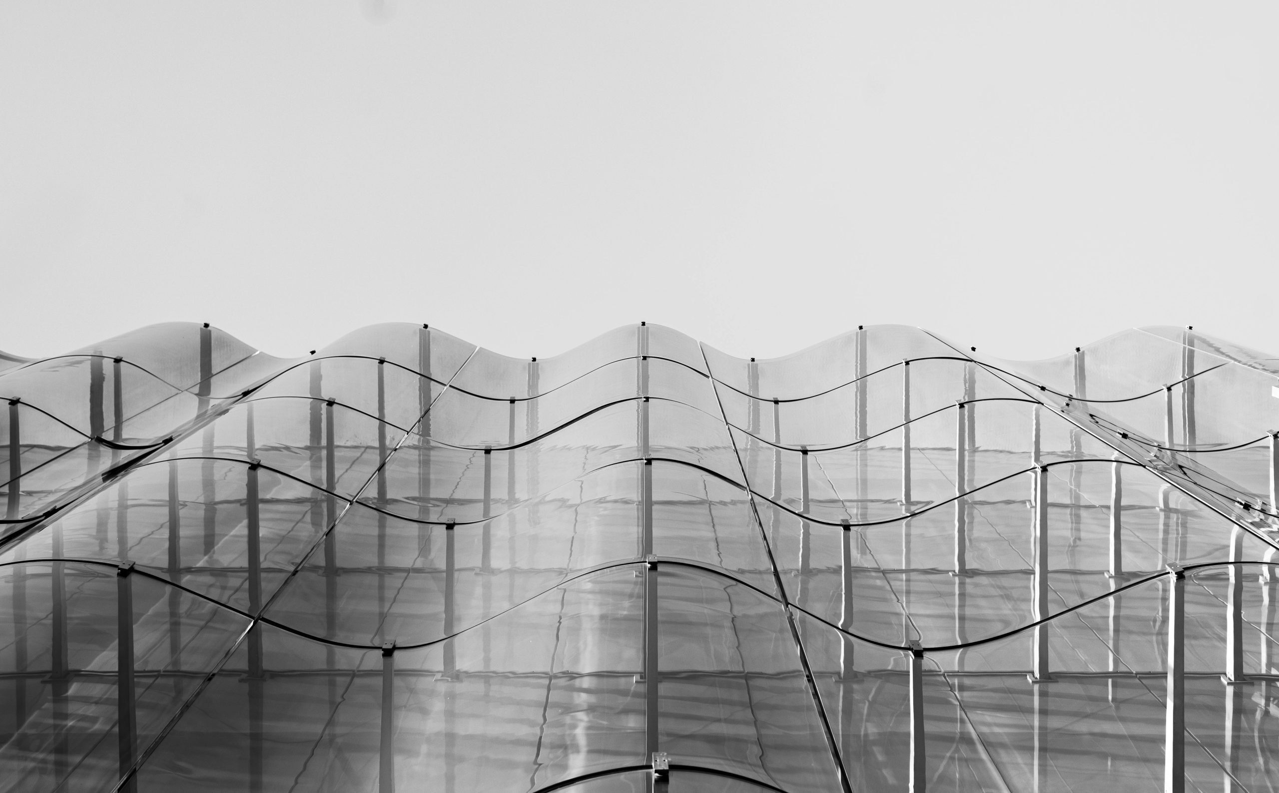 Architectural detail of a modern building facade with a wavy, transparent glass or plastic roof structure, supported by vertical and horizontal metal beams, photographed in black and white against a plain sky.