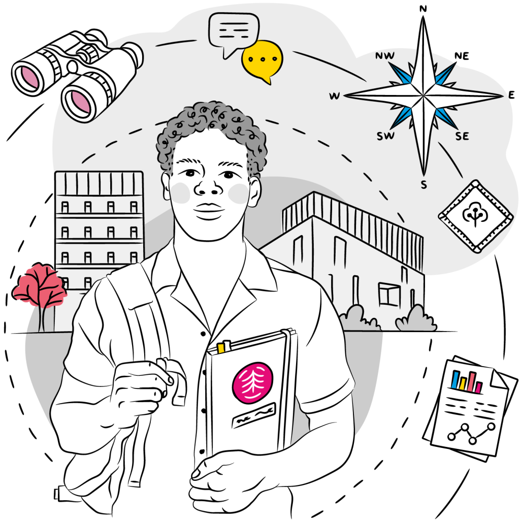 Civic Field Guide An illustrated person with curly hair, holding a backpack strap and folder, stands between two buildings. The scene includes a compass rose, binoculars, speech bubble, a red tree, an analytics report with charts, and a small emblem resembling a scouting badge. The background features dotted lines suggesting movement or exploration. The person's face is intentionally blurred for anonymity.