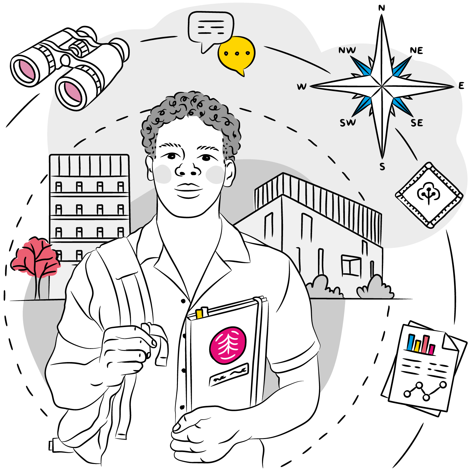 A black and white line drawing of a young black man, holding a backpack strap and folder, stands between two buildings. The scene includes a compass rose, binoculars, speech bubble, a red tree, an analytics report with charts, and a small emblem resembling a scouting badge. The background features dotted lines suggesting movement or exploration. The person's face is intentionally blurred for anonymity.