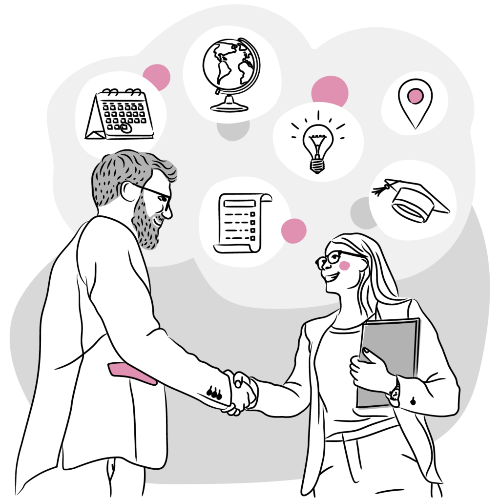 Partnerships A line-drawn illustration of a man and a woman shaking hands, both wearing business attire. The woman holds a folder and some papers. Around them are illustrated icons representing a calendar, globe, checklist, light bulb, map pin, and graduation cap, symbolizing partnership, collaboration, ideas, planning, achievement, and location. Pink circles are used as accent details throughout the background.