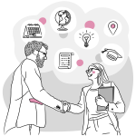 A line-drawn illustration of a man and a woman shaking hands, both wearing business attire. The woman holds a folder and some papers. Around them are illustrated icons representing a calendar, globe, checklist, light bulb, map pin, and graduation cap, symbolizing partnership, collaboration, ideas, planning, achievement, and location. Pink circles are used as accent details throughout the background.