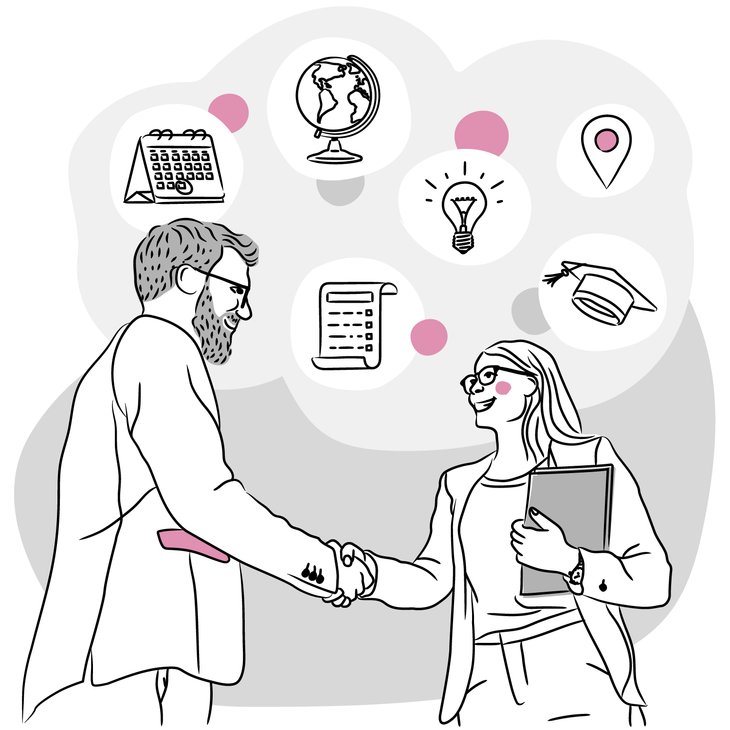 A line-drawn illustration of a man and a woman shaking hands, both wearing business attire. The woman holds a folder and some papers. Around them are illustrated icons representing a calendar, globe, checklist, light bulb, map pin, and graduation cap, symbolizing partnership, collaboration, ideas, planning, achievement, and location. Pink circles are used as accent details throughout the background.