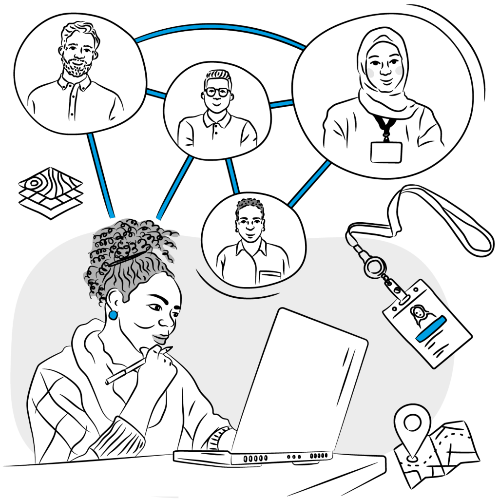 People An illustrated image shows a woman with curly hair working on a laptop, holding a pen and thinking. Around her are five sketched portraits of diverse people, each connected with blue lines symbolizing network or collaboration. There are additional symbols: a stack of layered maps, a lanyard with a name badge, a location pin, and folded maps, representing themes of identity, place, networking, and teamwork
