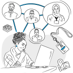 An illustrated image shows a woman with curly hair working on a laptop, holding a pen and thinking. Around her are five sketched portraits of diverse people, each connected with blue lines symbolizing network or collaboration. There are additional symbols: a stack of layered maps, a lanyard with a name badge, a location pin, and folded maps, representing themes of identity, place, networking, and teamwork