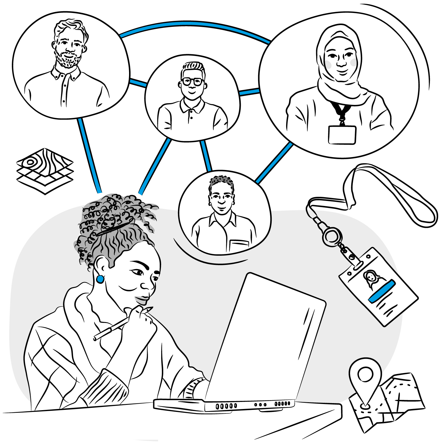 An illustrated image shows a woman with curly hair working on a laptop, holding a pen and thinking. Around her are five sketched portraits of diverse people, each connected with blue lines symbolizing network or collaboration. There are additional symbols: a stack of layered maps, a lanyard with a name badge, a location pin, and folded maps, representing themes of identity, place, networking, and teamwork