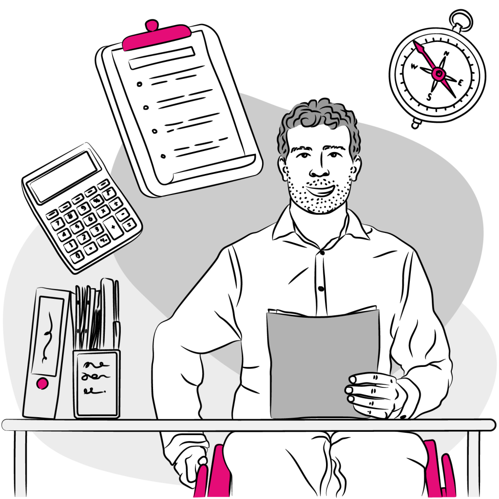 Policy A black-and-white illustration of a man with short curly hair and a trimmed beard, sitting at a desk and holding a sheet of paper. On the desk are files, pens, and folders. Surrounding him are a calculator, a clipboard with a checklist, and a compass, each accented with magenta highlights. The overall theme suggests organization, planning, and policy work.