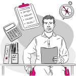 A black-and-white illustration of a man with short curly hair and a trimmed beard, sitting at a desk and holding a sheet of paper. On the desk are files, pens, and folders. Surrounding him are a calculator, a clipboard with a checklist, and a compass, each accented with magenta highlights. The overall theme suggests organization, planning, and policy work.