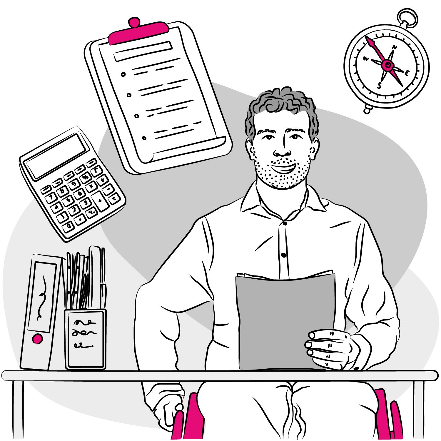 A black-and-white illustration of a man with short curly hair and a trimmed beard, sitting at a desk and holding a sheet of paper. On the desk are files, pens, and folders. Surrounding him are a calculator, a clipboard with a checklist, and a compass, each accented with magenta highlights. The overall theme suggests organization, planning, and policy work.