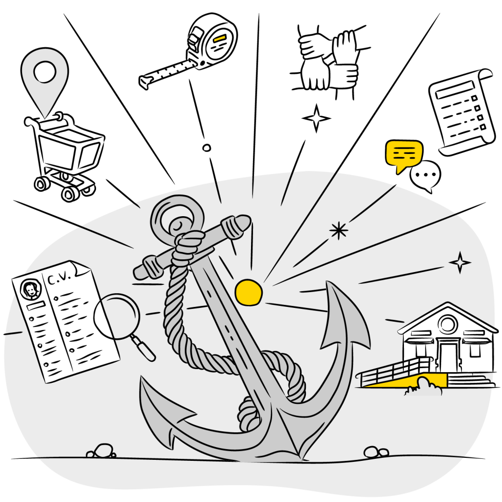 Practice A black-and-white illustration featuring a large anchor with a rope in the center, radiating lines and yellow accents. Surrounding the anchor are icons representing practical activities: a shopping cart with a location pin, a tape measure, hands joined in collaboration, a checklist, speech bubbles, a CV with a magnifying glass, and a building with accessibility features. The overall theme evokes groundedness, support, and everyday practice.