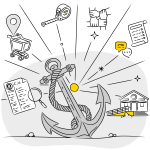 A black-and-white illustration featuring a large anchor with a rope in the center, radiating lines and yellow accents. Surrounding the anchor are icons representing practical activities: a shopping cart with a location pin, a tape measure, hands joined in collaboration, a checklist, speech bubbles, a CV with a magnifying glass, and a building with accessibility features. The overall theme evokes groundedness, support, and everyday practice.