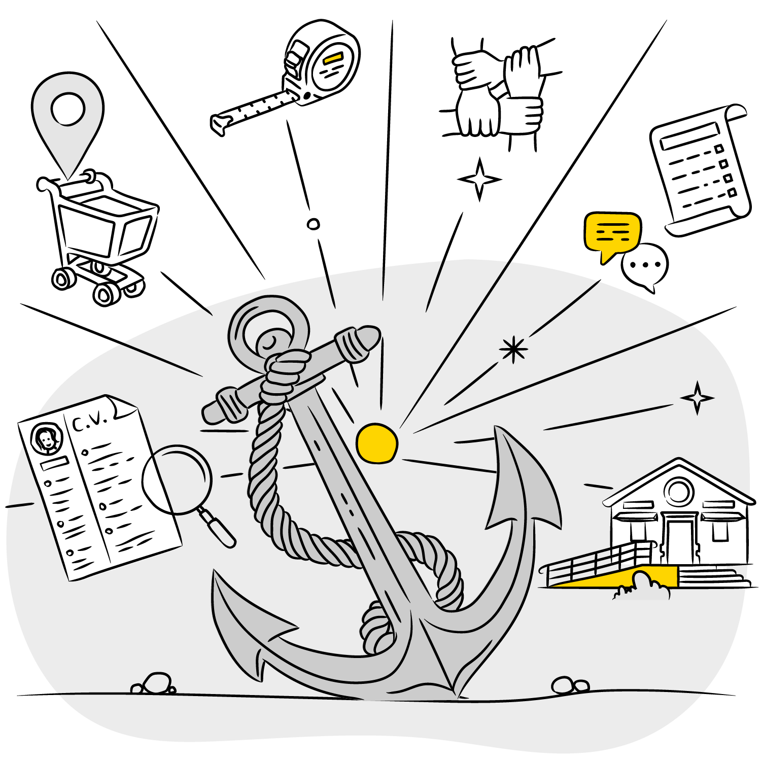 A black-and-white illustration featuring a large anchor with a rope in the center, radiating lines and yellow accents. Surrounding the anchor are icons representing practical activities: a shopping cart with a location pin, a tape measure, hands joined in collaboration, a checklist, speech bubbles, a CV with a magnifying glass, and a building with accessibility features. The overall theme evokes groundedness, support, and everyday practice.