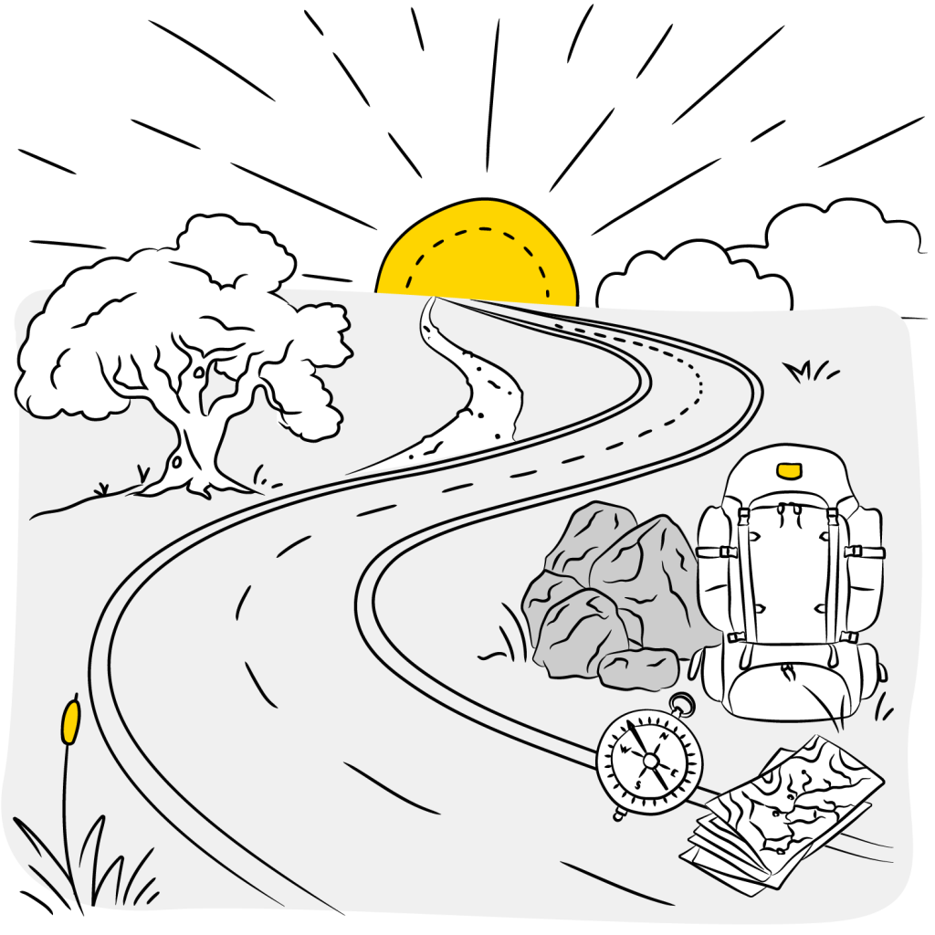 Purpose A black-and-white illustration of a winding road leading toward a bright yellow sun on the horizon, symbolizing a journey or pursuit of purpose. On the roadside are a backpack, a compass, and a folded map, representing preparation and navigation. A tree and rocks complete the scenic landscape, with yellow highlights drawing attention to key elements.