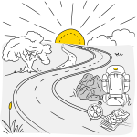 A black-and-white illustration of a winding road leading toward a bright yellow sun on the horizon, symbolizing a journey or pursuit of purpose. On the roadside are a backpack, a compass, and a folded map, representing preparation and navigation. A tree and rocks complete the scenic landscape, with yellow highlights drawing attention to key elements.