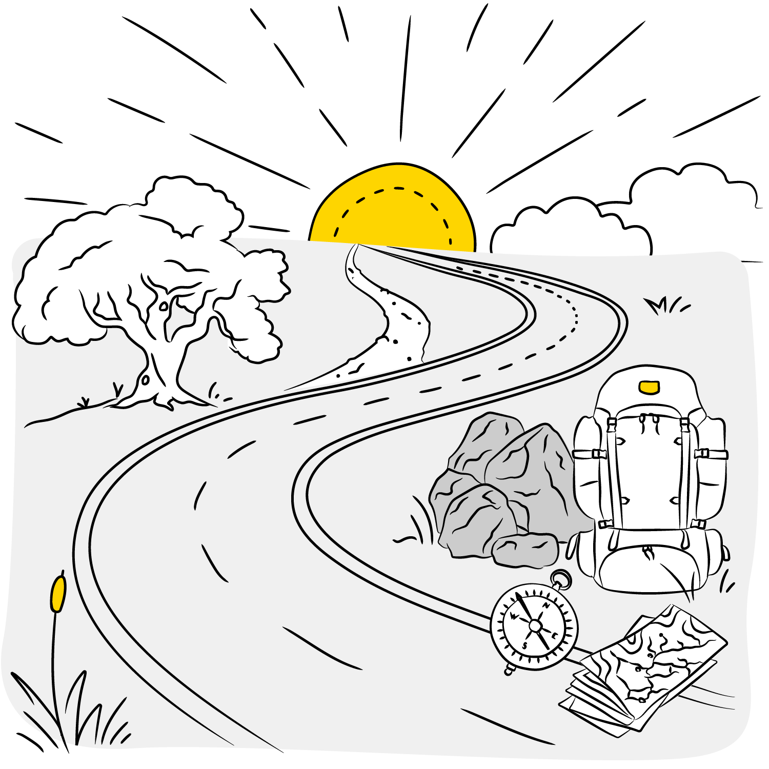 A black-and-white illustration of a winding road leading toward a bright yellow sun on the horizon, symbolizing a journey or pursuit of purpose. On the roadside are a backpack, a compass, and a folded map, representing preparation and navigation. A tree and rocks complete the scenic landscape, with yellow highlights drawing attention to key elements.