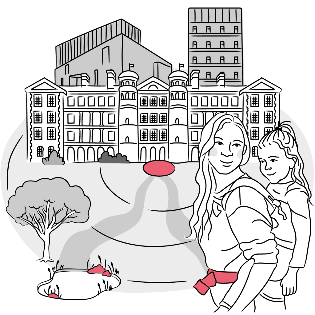 Place A black-and-white illustration showing a woman carrying a young girl on her back, standing in front of a large, impressive university building with multiple towers and modern extensions. The background features green spaces, a tree, and winding paths leading up to the building, with a few red highlights drawing attention to key areas. The scene evokes themes of education, community, and family.
