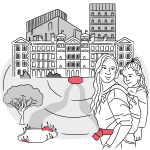 A black-and-white illustration showing a woman carrying a young girl on her back, standing in front of a large, impressive university building with multiple towers and modern extensions. The background features green spaces, a tree, and winding paths leading up to the building, with a few red highlights drawing attention to key areas. The scene evokes themes of education, community, and family.