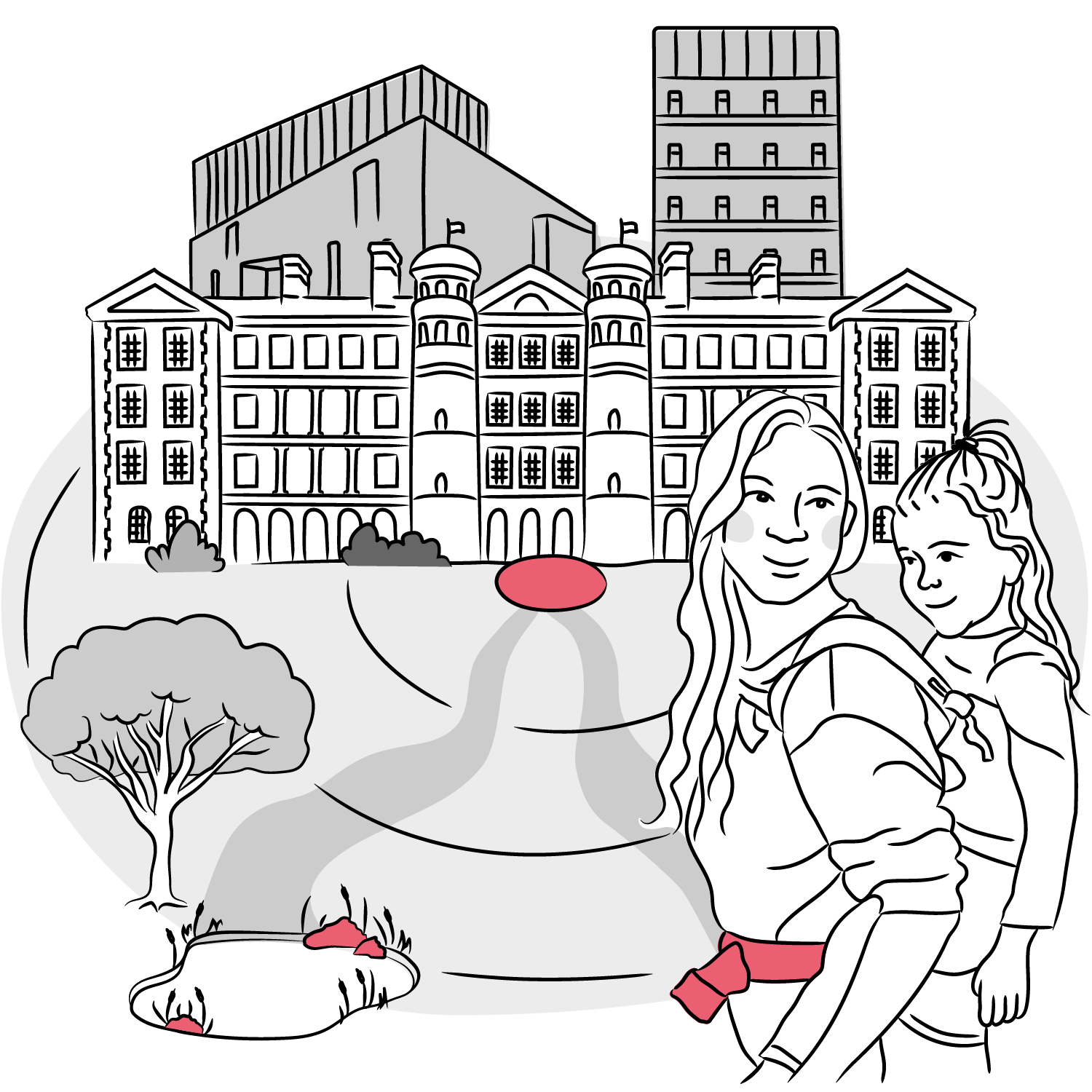 A black-and-white illustration showing a woman carrying a young girl on her back, standing in front of a large, impressive university building with multiple towers and modern extensions. The background features green spaces, a tree, and winding paths leading up to the building, with a few red highlights drawing attention to key areas. The scene evokes themes of education, community, and family.
