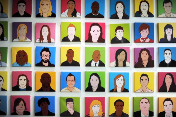 A grid of colourful cartoon-style portraits of different people, each in a small square with a bright solid background.