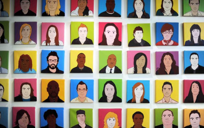 A grid of colourful cartoon-style portraits of different people, each in a small square with a bright solid background.