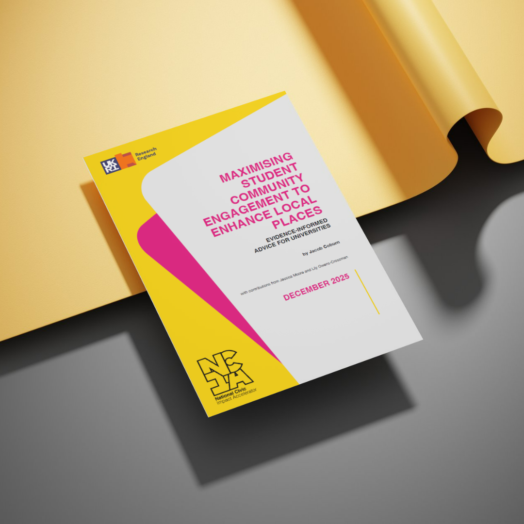 A policy report booklet titled “Maximising Student Community Engagement to Enhance Local Places” with a yellow, pink, and white cover lying on a flat surface.